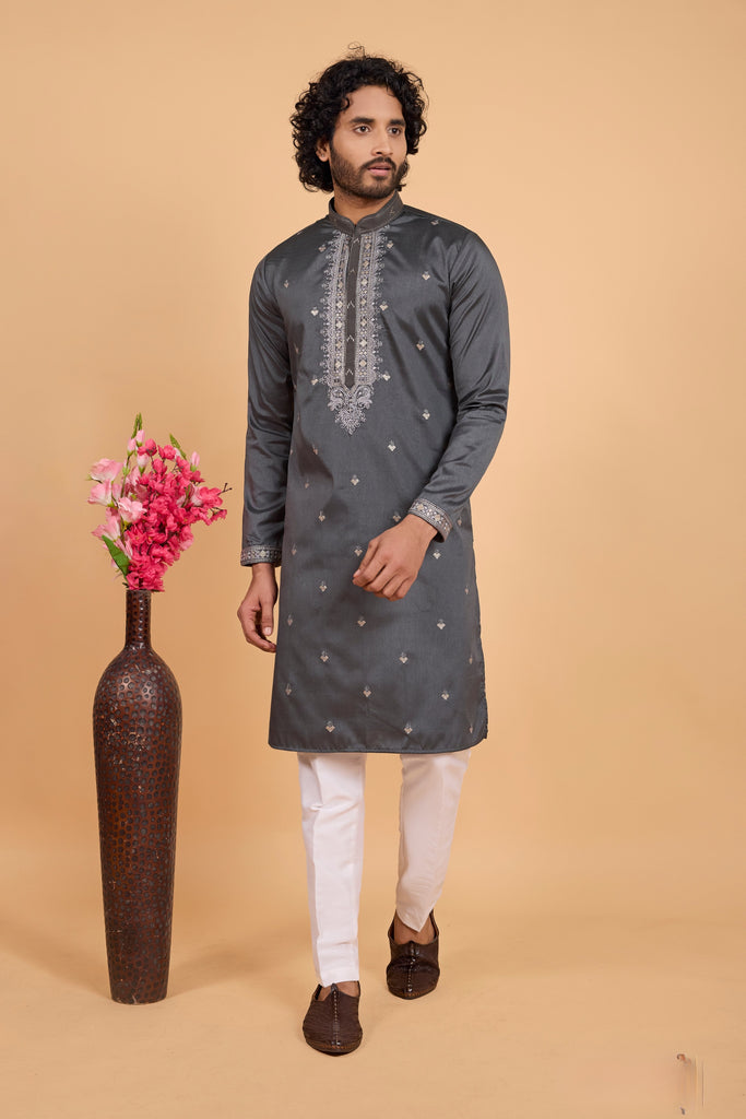 Superb Charcoal Grey Art Silk Embroidered Kurta Pajama Set for Wedding