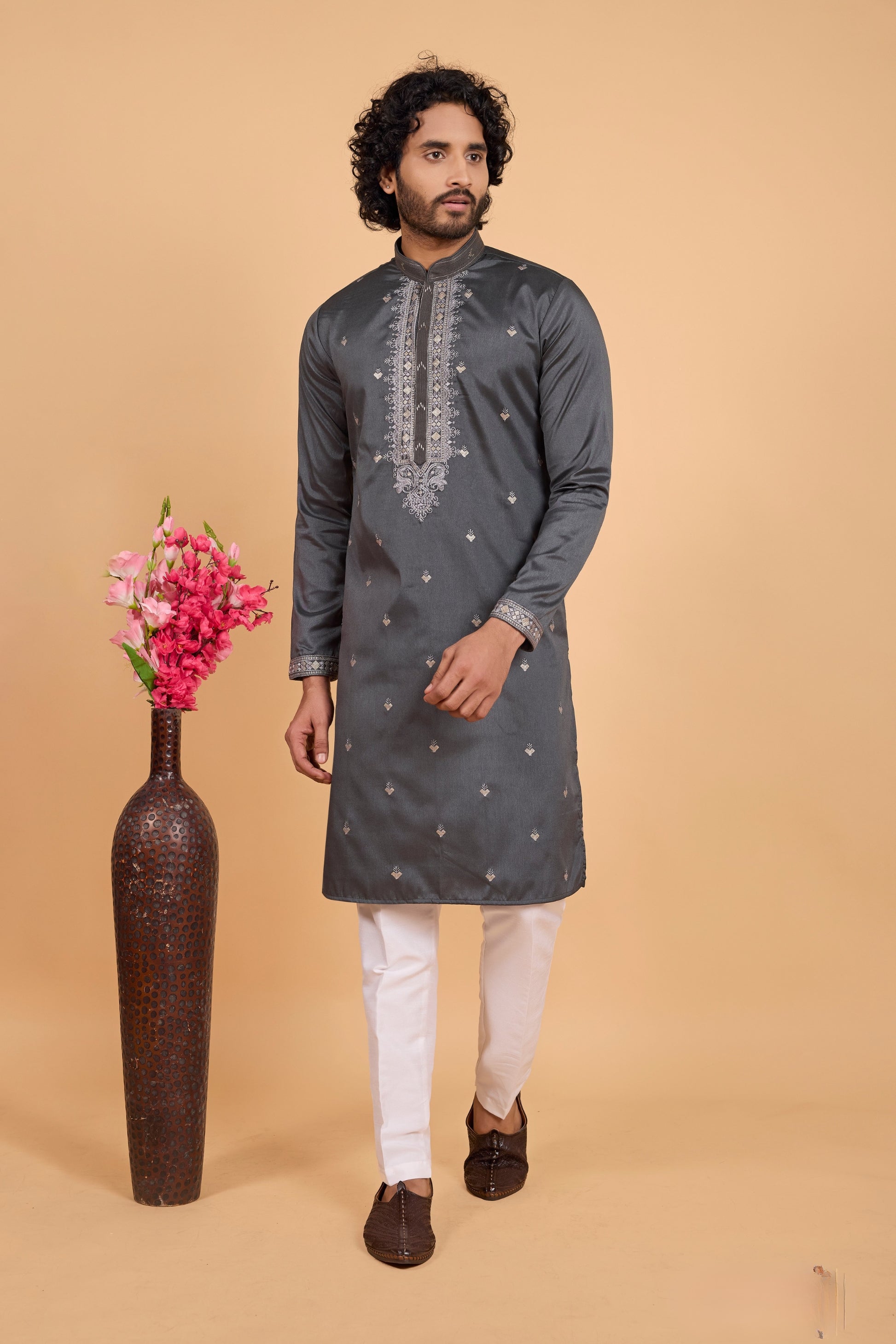 Superb Charcoal Grey Art Silk Embroidered Kurta Pajama Set for Wedding