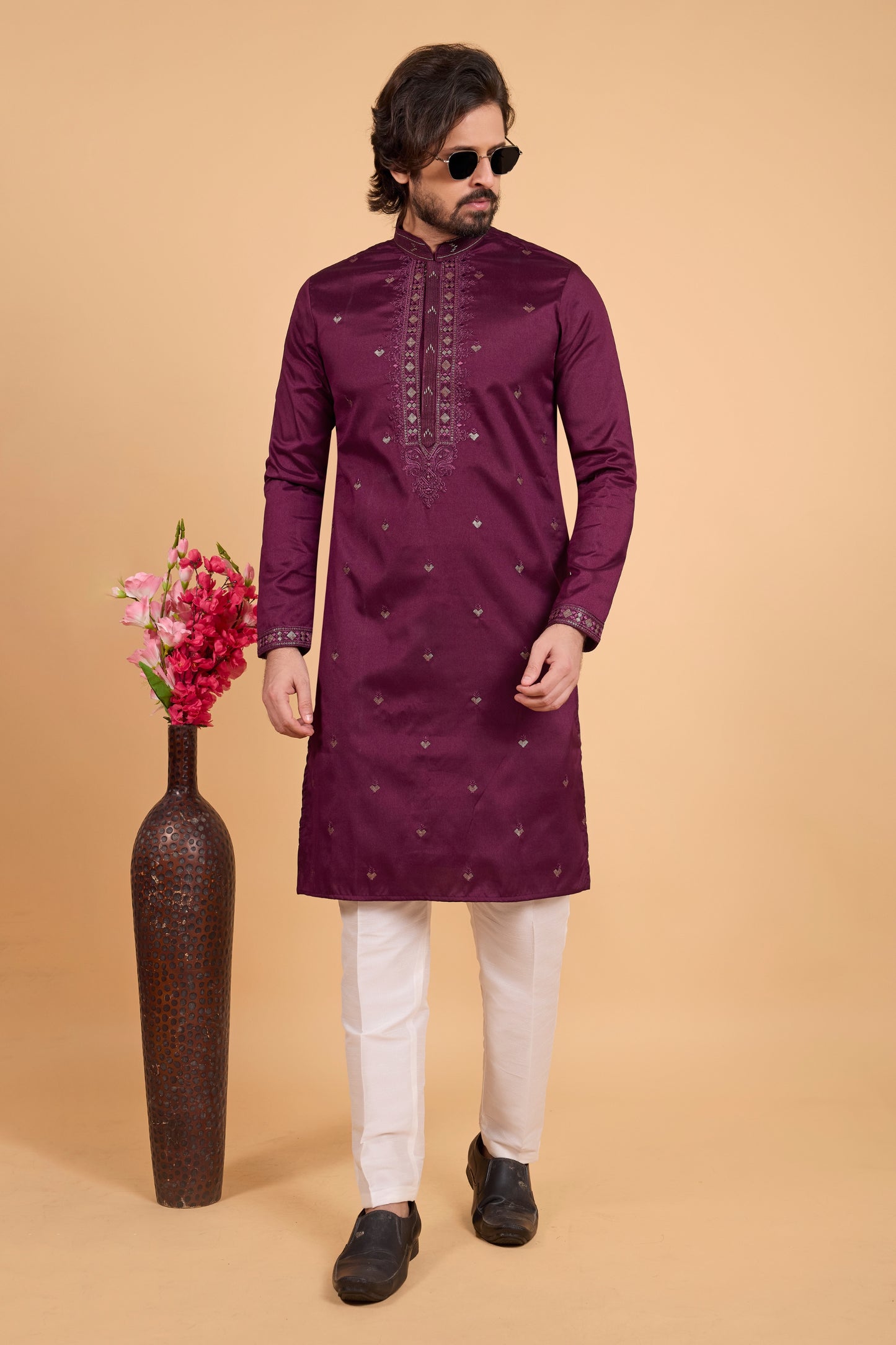 Royal Maroon Art Silk Embroidered Kurta Pajama Set for Wedding