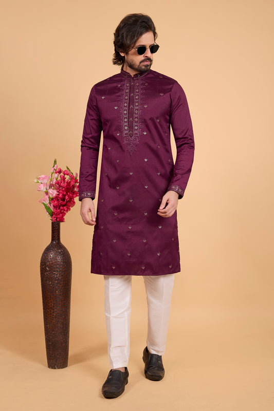 Royal Maroon Art Silk Embroidered Kurta Pajama Set for Wedding