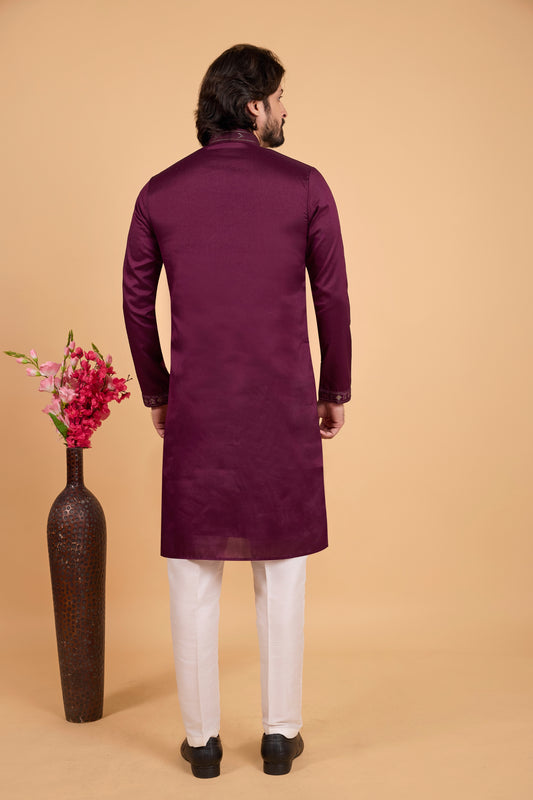 Royal Maroon Art Silk Embroidered Kurta Pajama Set for Wedding