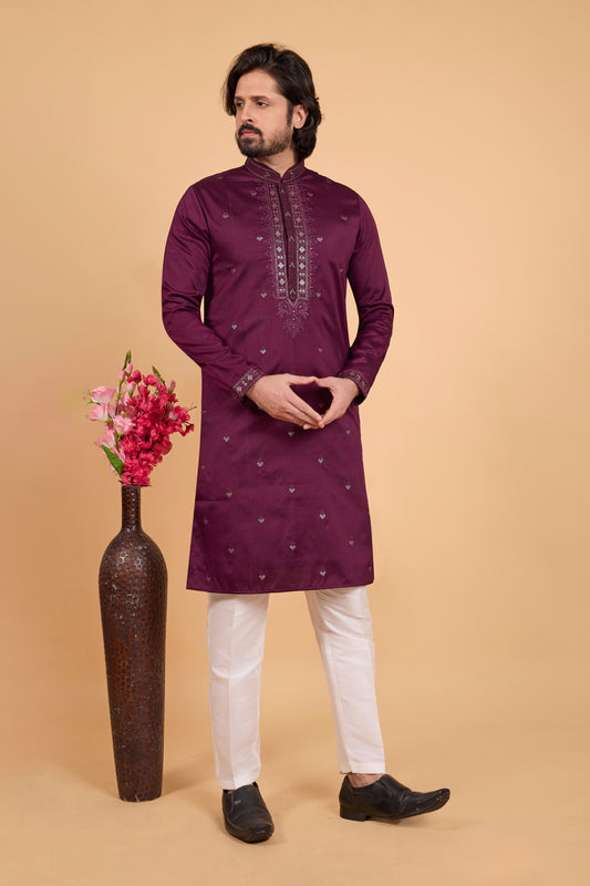 Royal Maroon Art Silk Embroidered Kurta Pajama Set for Wedding