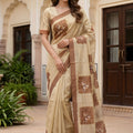 Elegant Beige Floral Printed Linen Silk Saree with Brown Border
