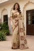 Elegant Beige Floral Printed Linen Silk Saree with Brown Border