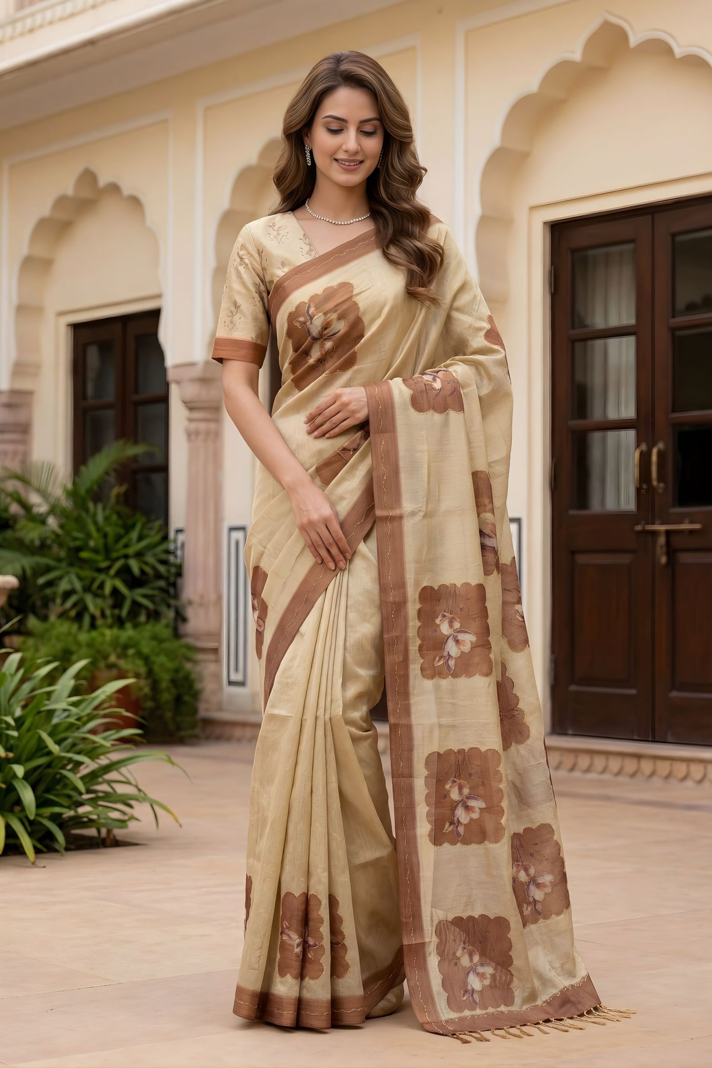 Elegant Beige Floral Printed Linen Silk Saree with Brown Border