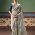 Pastel Mint Green Organza Silk Saree Heavy Silver Zari Embroidery Border 