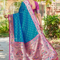 Teal Blue Silk Saree with Pink Border Multicolor Peacock Zari Weaving Work