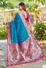 Teal Blue Silk Saree with Pink Border Multicolor Peacock Zari Weaving Work