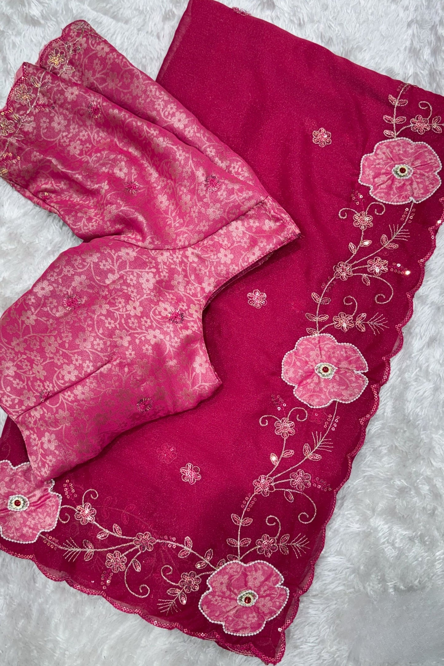 Rani Pink Organza Saree Floral Embroidery Designer Blouse