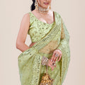 Pistachio Green Net Saree Heavy Sequins Embroidery Designer Blouse