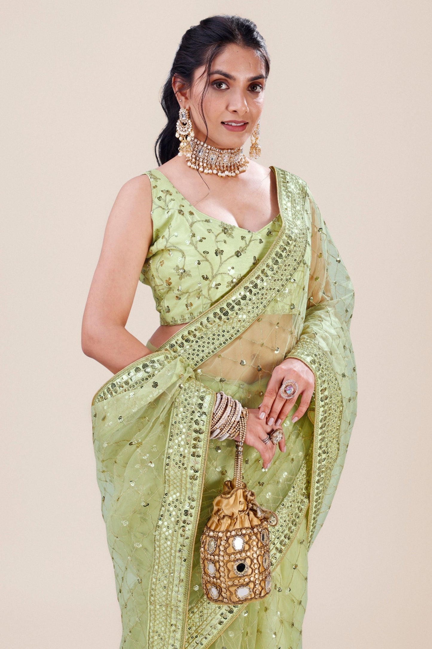 Pistachio Green Net Saree Heavy Sequins Embroidery Designer Blouse