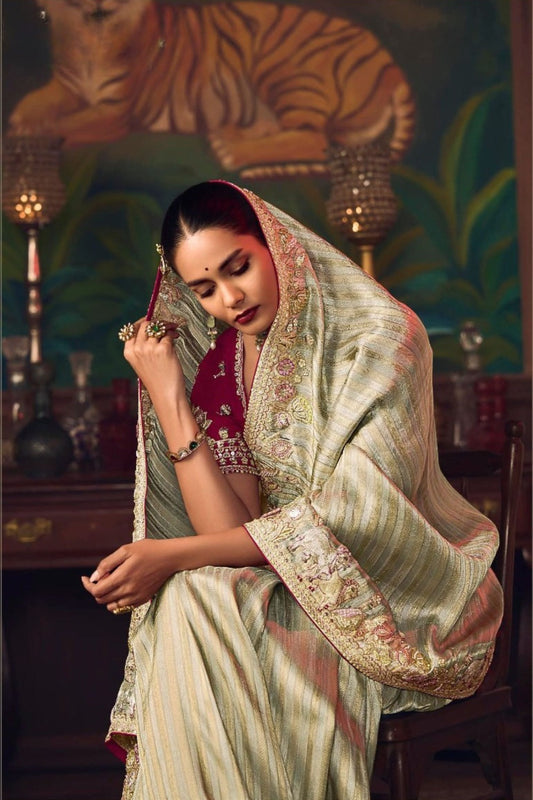 Sage Green Silk Saree and Contrast Maroon Blouse