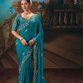 Teal Blue Saree with Silver Floral Embroidery Wedding Silk Saree 