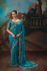 Teal Blue Saree with Silver Floral Embroidery Wedding Silk Saree 