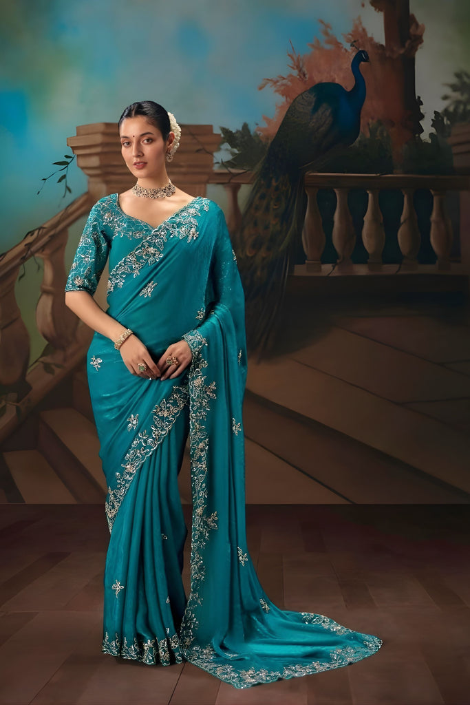 Teal Blue Saree with Silver Floral Embroidery Wedding Silk Saree 