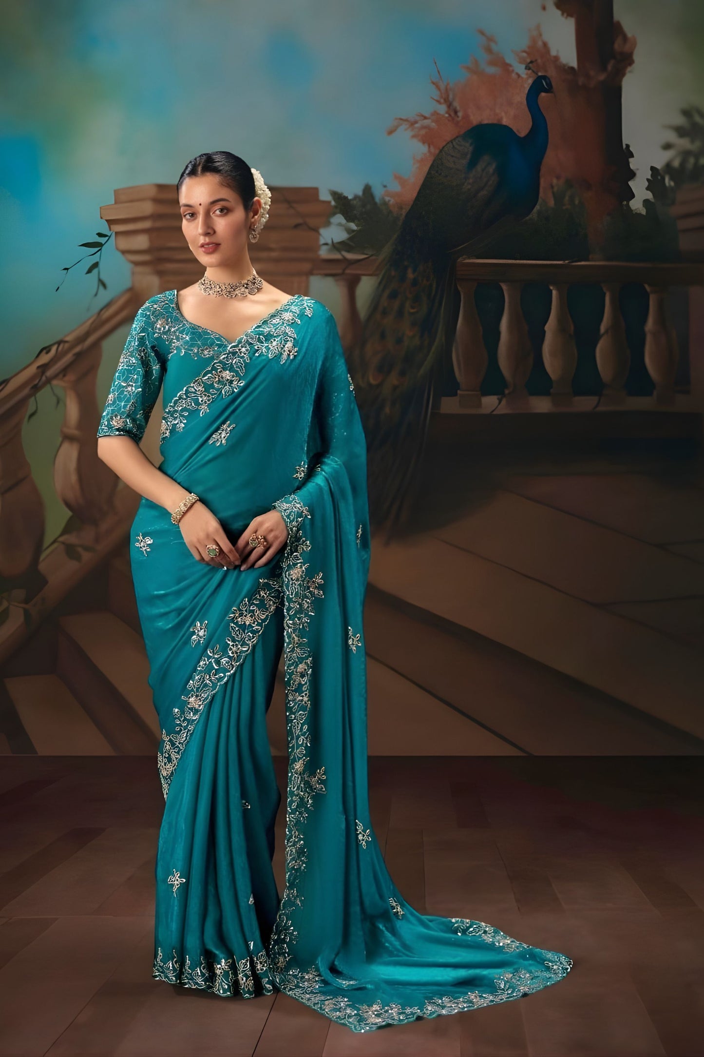 Teal Blue Saree with Silver Floral Embroidery Wedding Silk Saree 