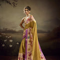 Olive Green Linen Silk Saree Floral Digital Print Purple Border
