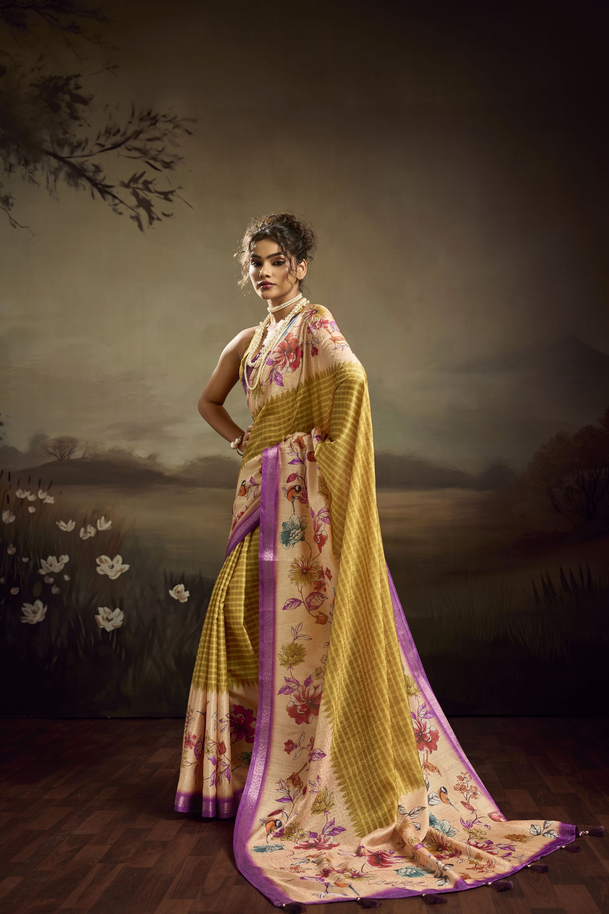 Olive Green Linen Silk Saree Floral Digital Print Purple Border