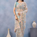 Sea Green Floral Embroidered Net Saree with Designer Border