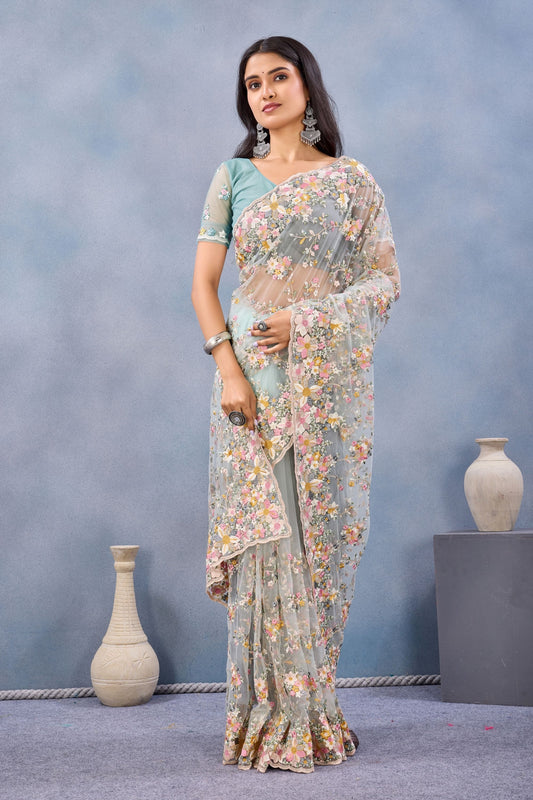 Sea Green Floral Embroidered Net Saree with Designer Border