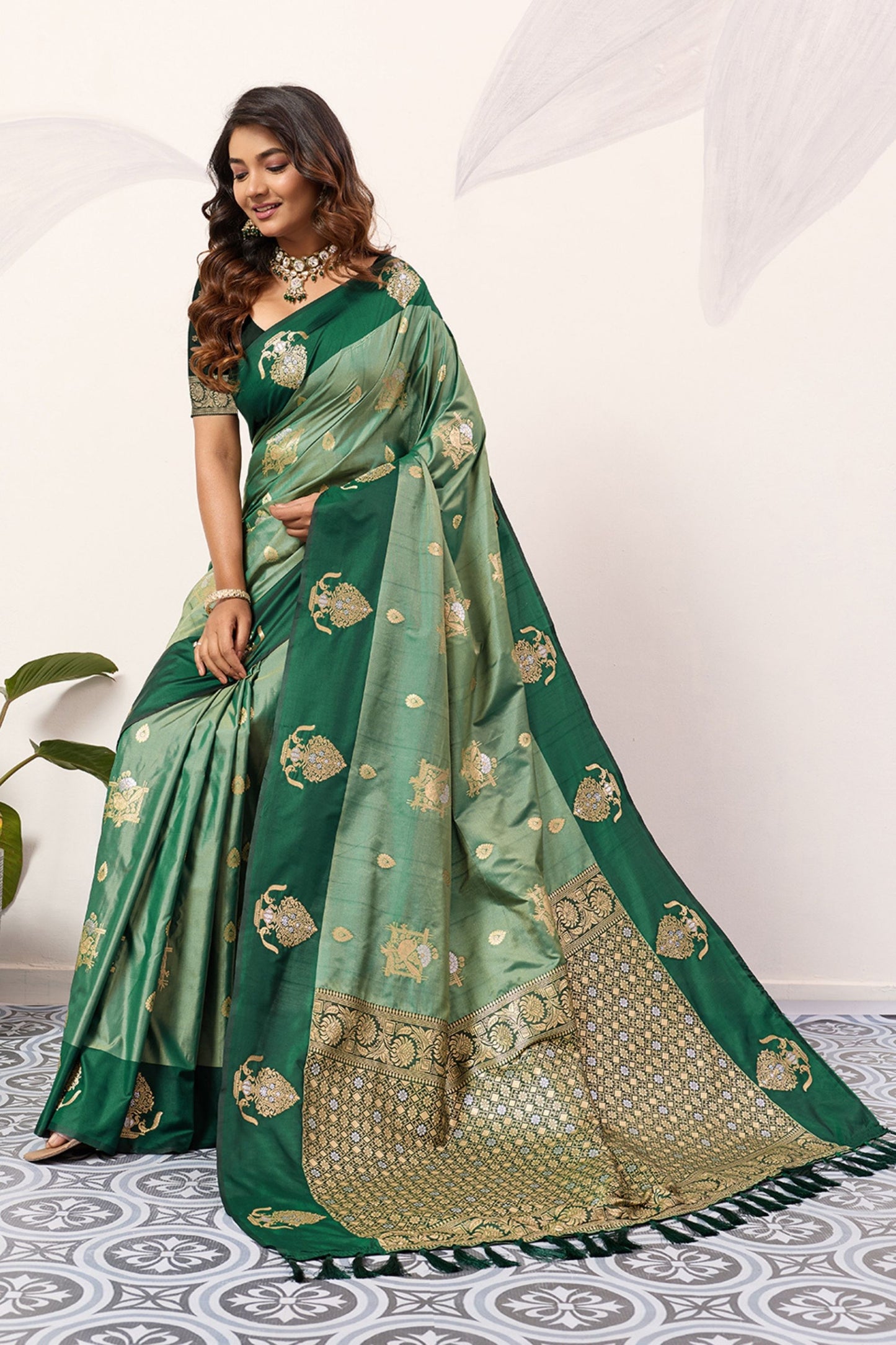 Bottle Green Kanjivaram Silk Saree with Rich Gold Zari Border