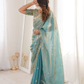 Elegant Sky Blue Organza Silk Saree with Golden Embroidered Border