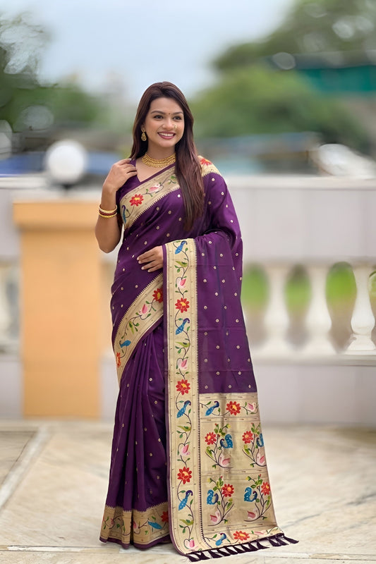 Wine Purple Floral Woven Linen Silk Saree Designer Peacock Border