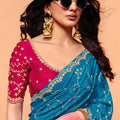 Teal Blue Designer Saree Embroidered Contrast Pink Blouse