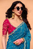 Teal Blue Designer Saree Embroidered Contrast Pink Blouse