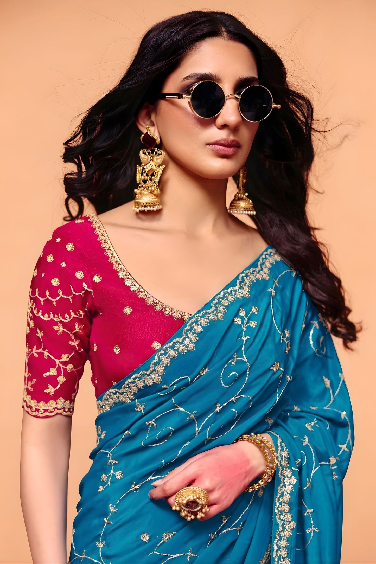 Teal Blue Designer Saree Embroidered Contrast Pink Blouse