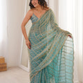 Aqua Blue Organza Silk Saree Golden Zari Embroidery Designer Blouse