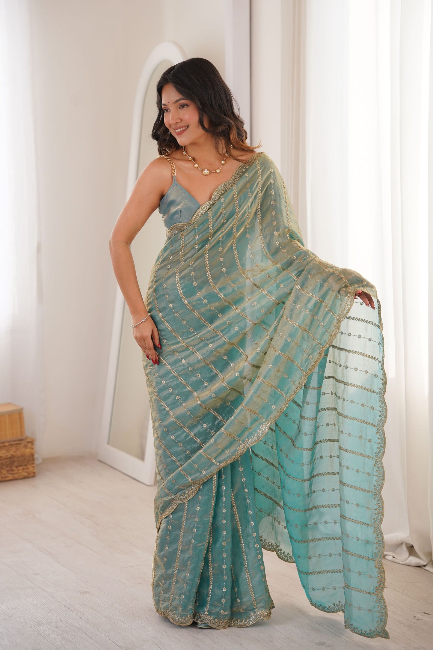 Aqua Blue Organza Silk Saree Golden Zari Embroidery Designer Blouse