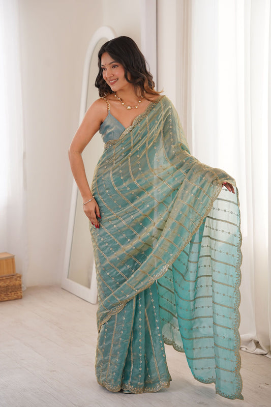 Aqua Blue Organza Silk Saree Golden Zari Embroidery Designer Blouse