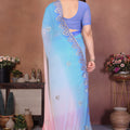 Sky Blue and Pink Georgette Saree Embroidered Border Work