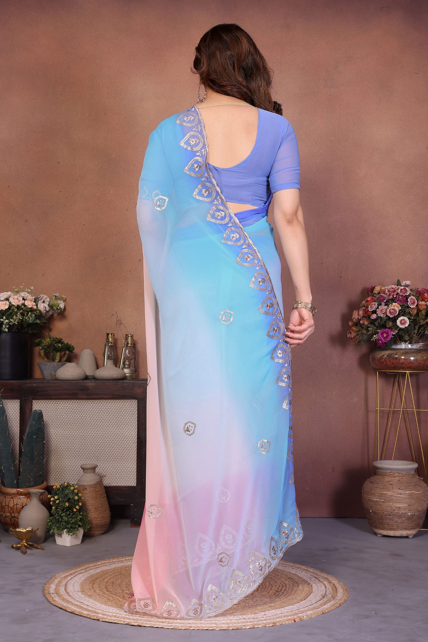 Sky Blue and Pink Georgette Saree Embroidered Border Work
