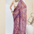 Lavender Floral Printed Designer Saree with Contrast Border