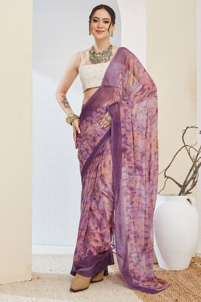 Lavender Floral Printed Designer Saree with Contrast Border