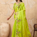 Lime Green Embroidered Saree with Floral Thread Work Elegant Border