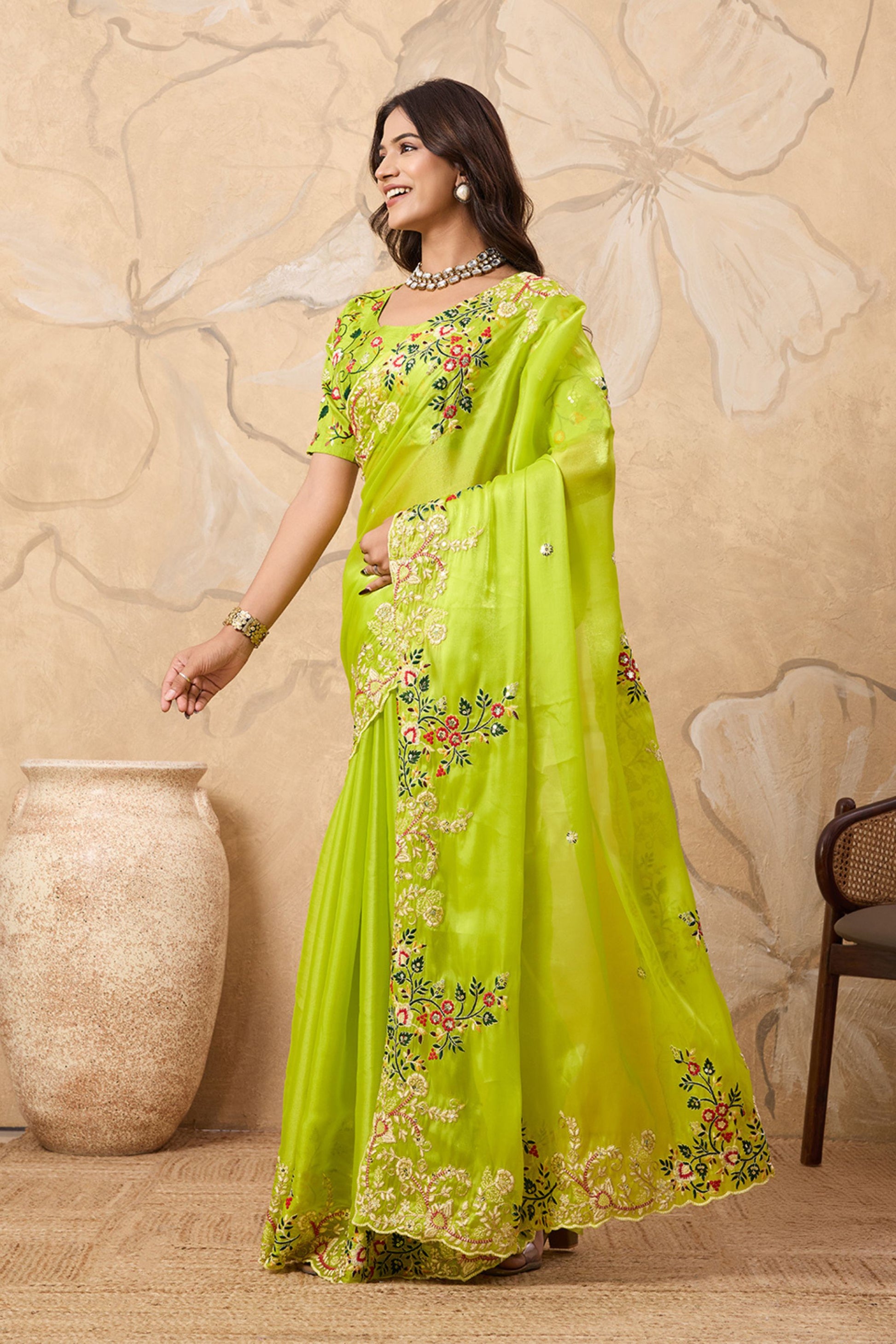 Lime Green Embroidered Saree with Floral Thread Work Elegant Border