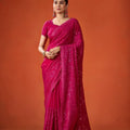 Rani Pink Embroidered Saree with Matching Blouse Party Wear Saree