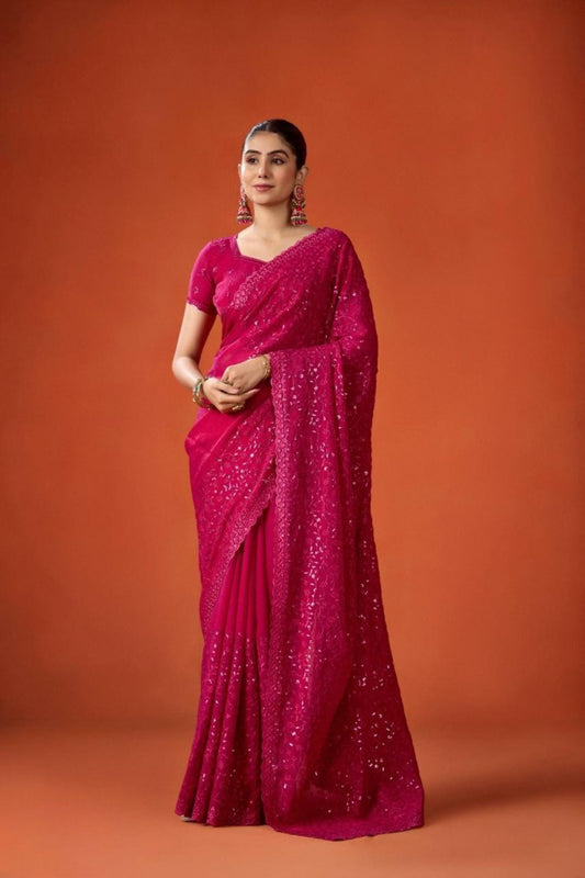 Rani Pink Embroidered Saree with Matching Blouse Party Wear Saree