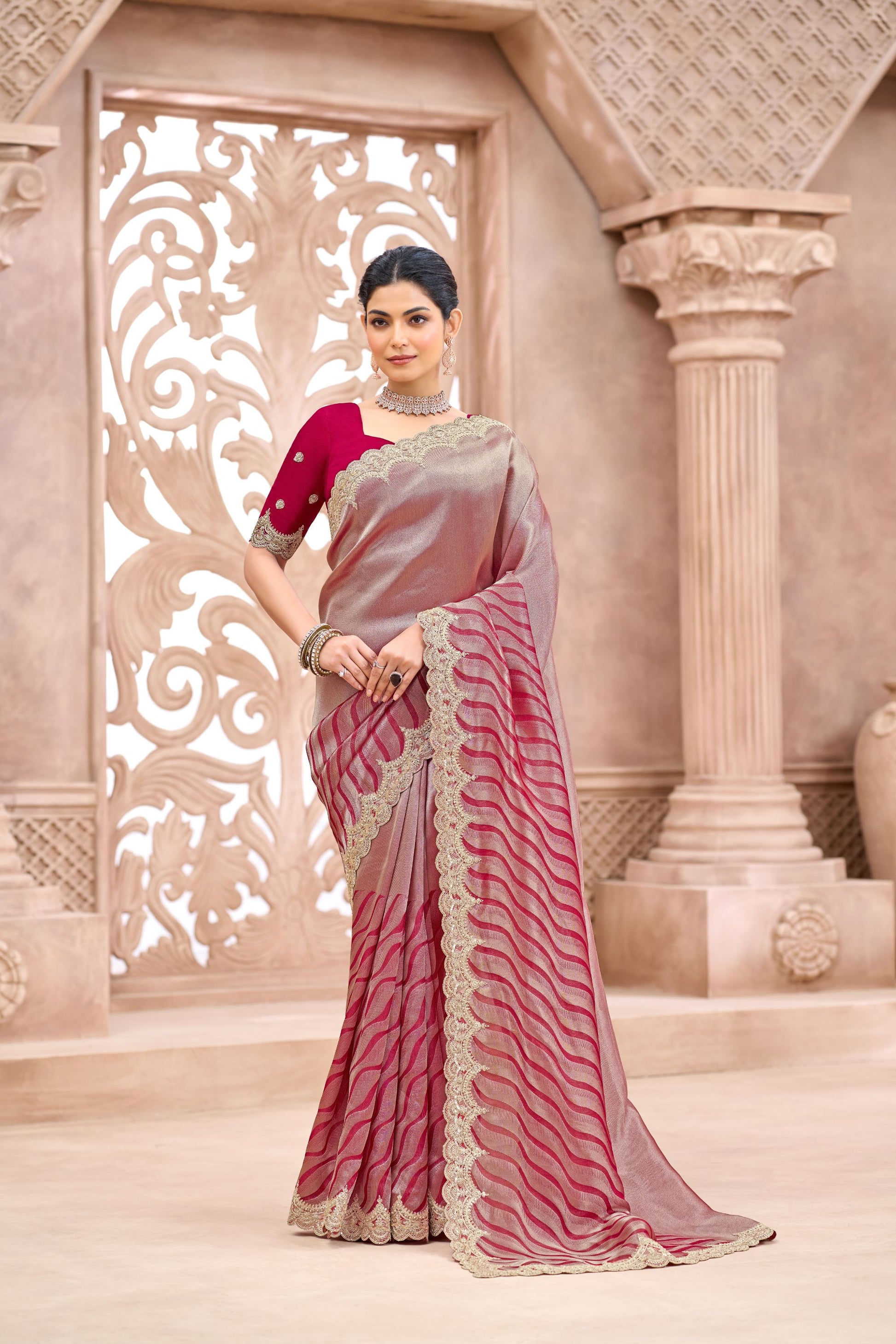 Lovely Rose Pink Viscose Saree Embroidered Weaving Work for Women