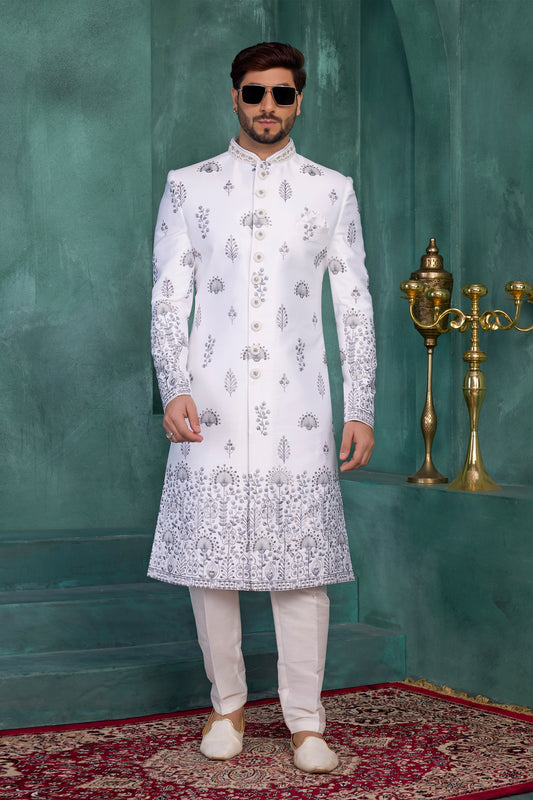 Luxury Off-White Art Silk Readymade Sherwani for Men with Thread Work