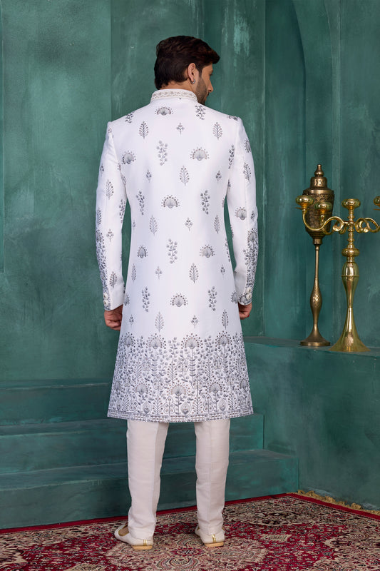 Luxury Off-White Art Silk Readymade Sherwani for Men with Thread Work