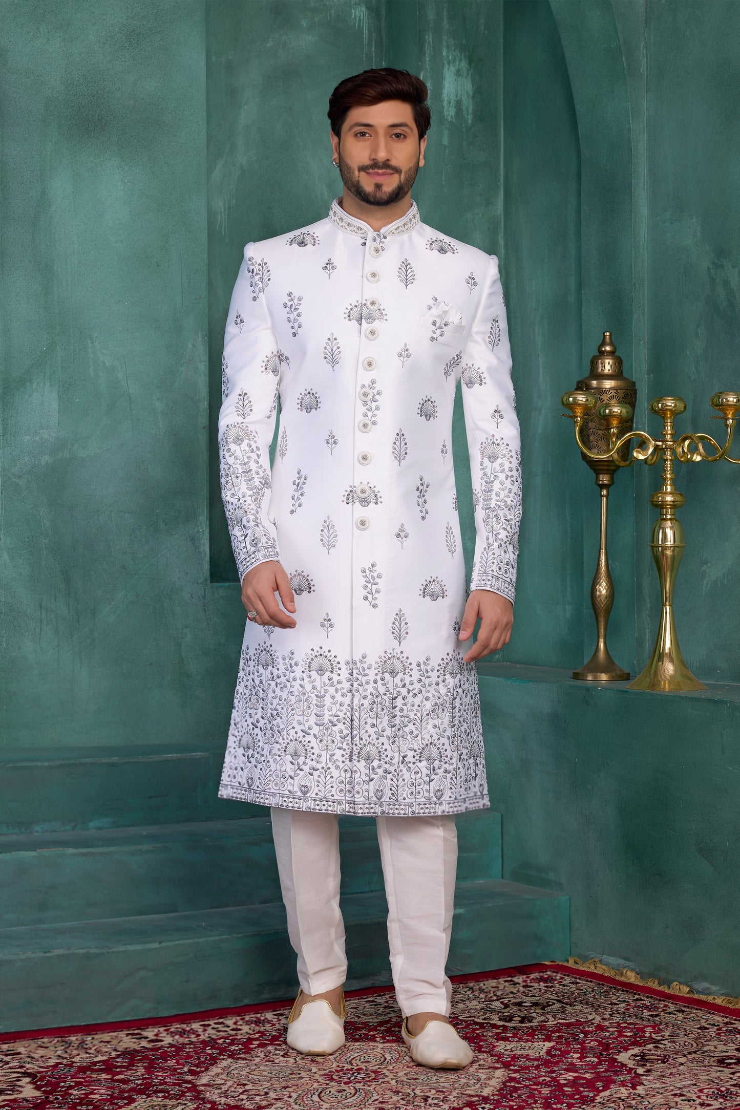 Luxury Off-White Art Silk Readymade Sherwani for Men with Thread Work