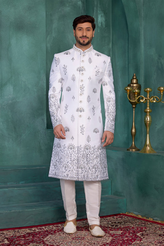 Luxury Off-White Art Silk Readymade Sherwani for Men with Thread Work