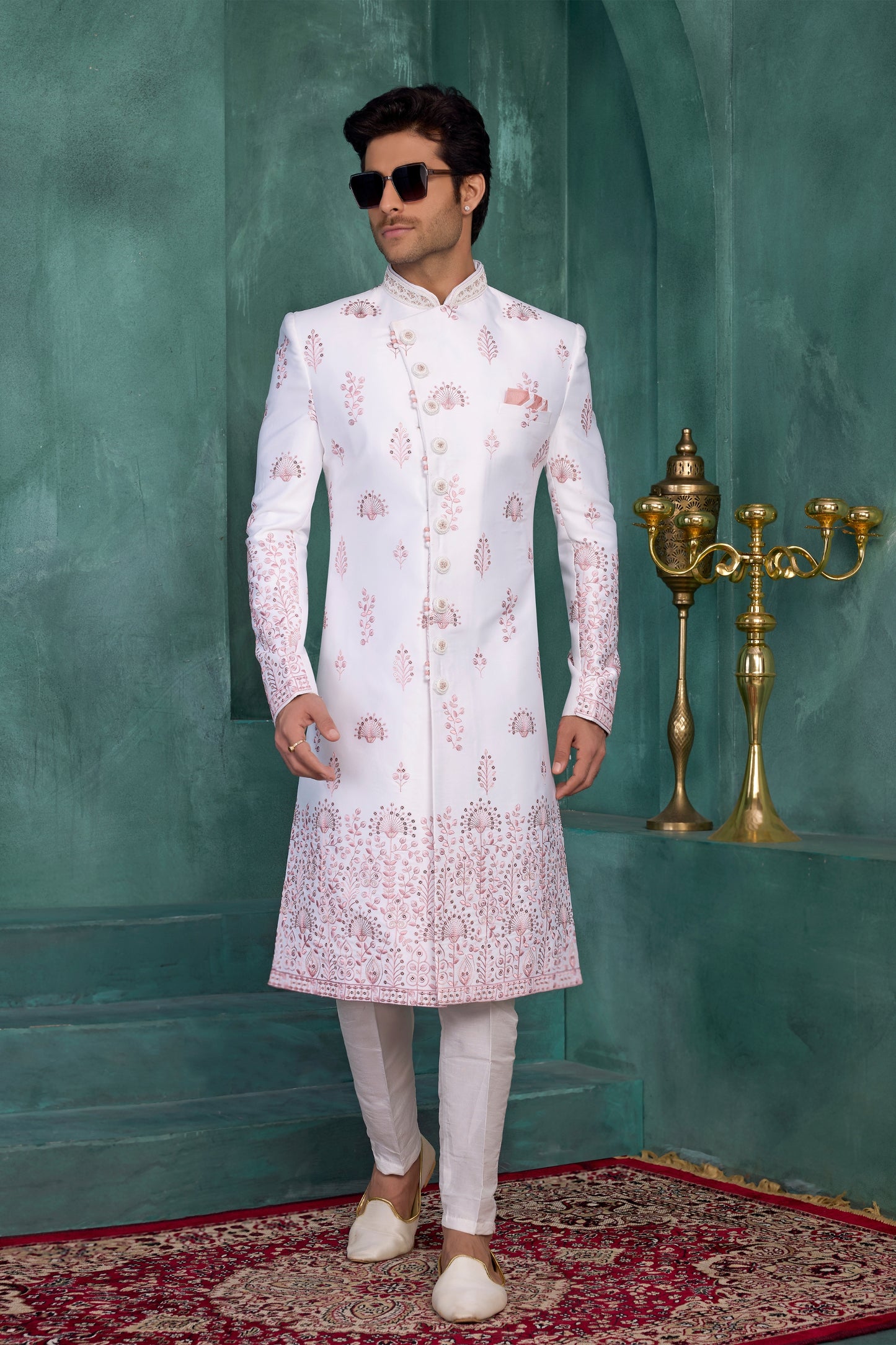 Royal Off-White Art Silk Readymade Sherwani for Men with Pink Thread Work