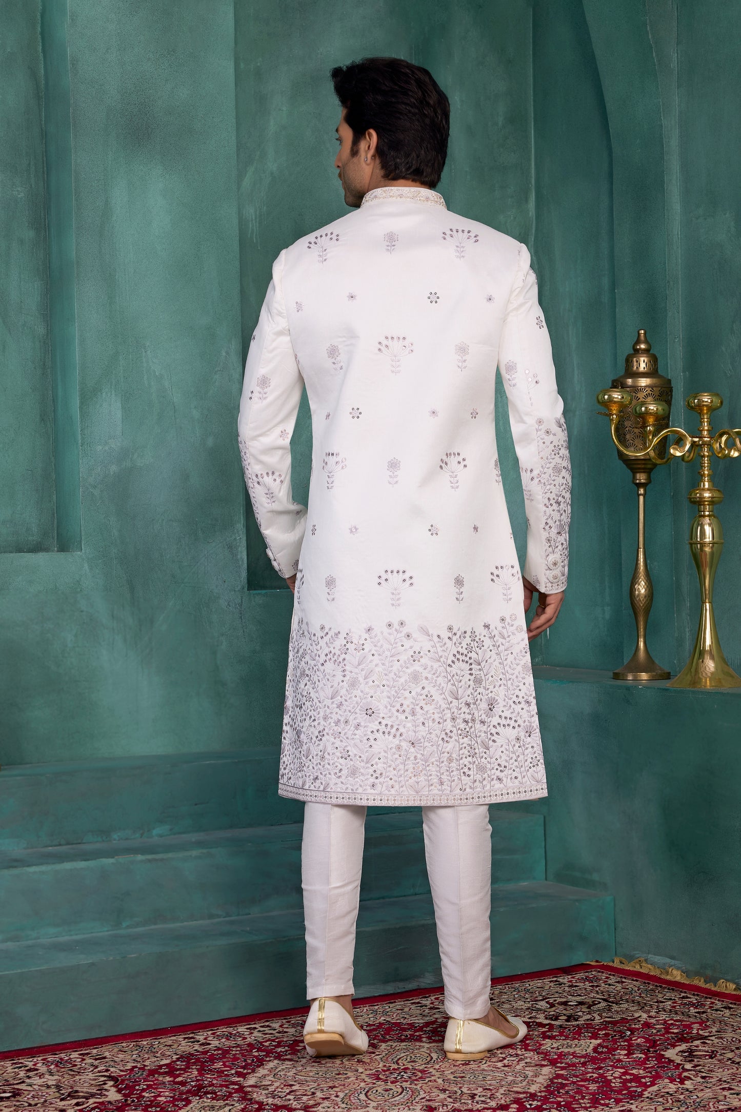 Delicate Off-White Art Silk Readymade Sherwani for Men with Thread Work