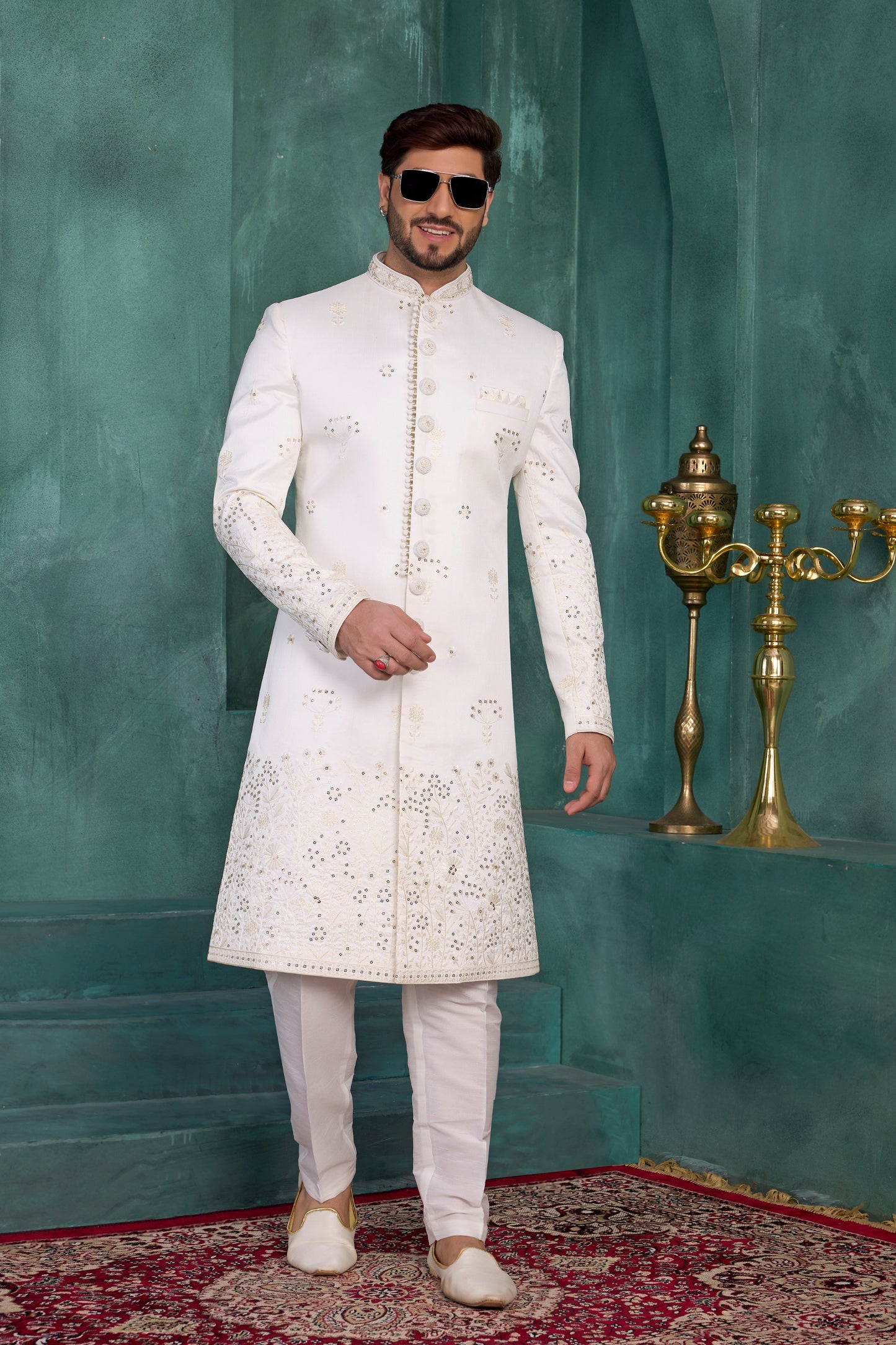 Festive Off-White Art Silk Readymade Sherwani for Men with Thread Work