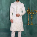Festive Off-White Art Silk Readymade Sherwani for Men with Thread Work